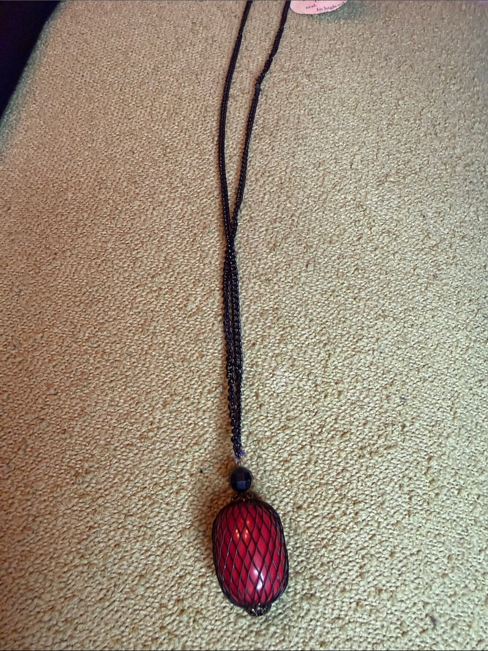 Black Chain Necklace with Red Pendant and Mesh Overlay